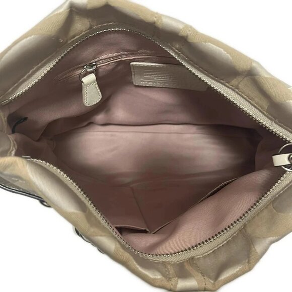 Auth COACH Satin Chain Duffel F18862 Cream Beige Jacquard Leather - Shoulder Bag - Picture 7 of 8